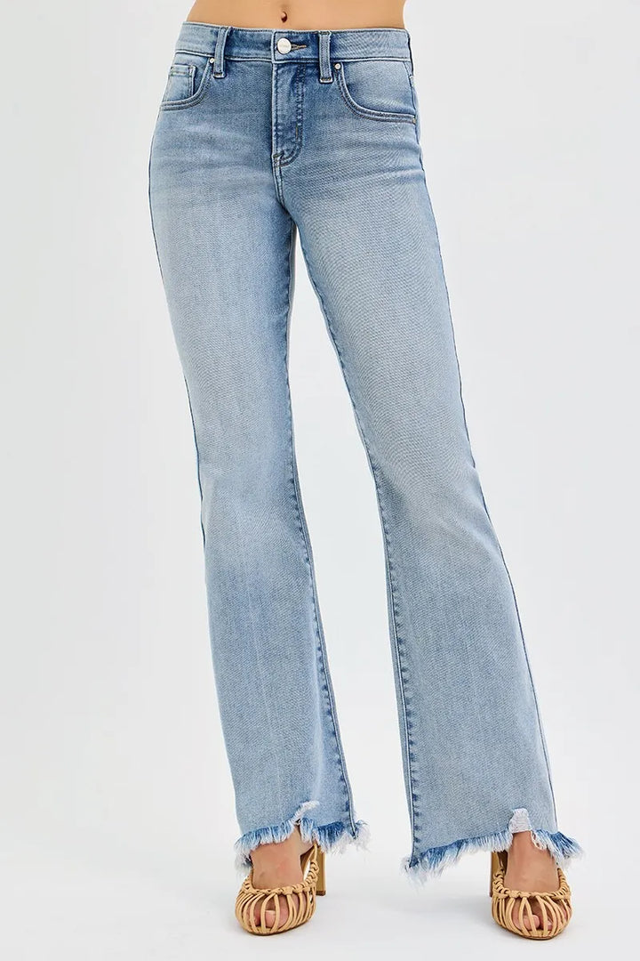 RISEN Full Size Tummy Control Mid Rise Flare Jeans with Fray Hem Detailed Plus Size
