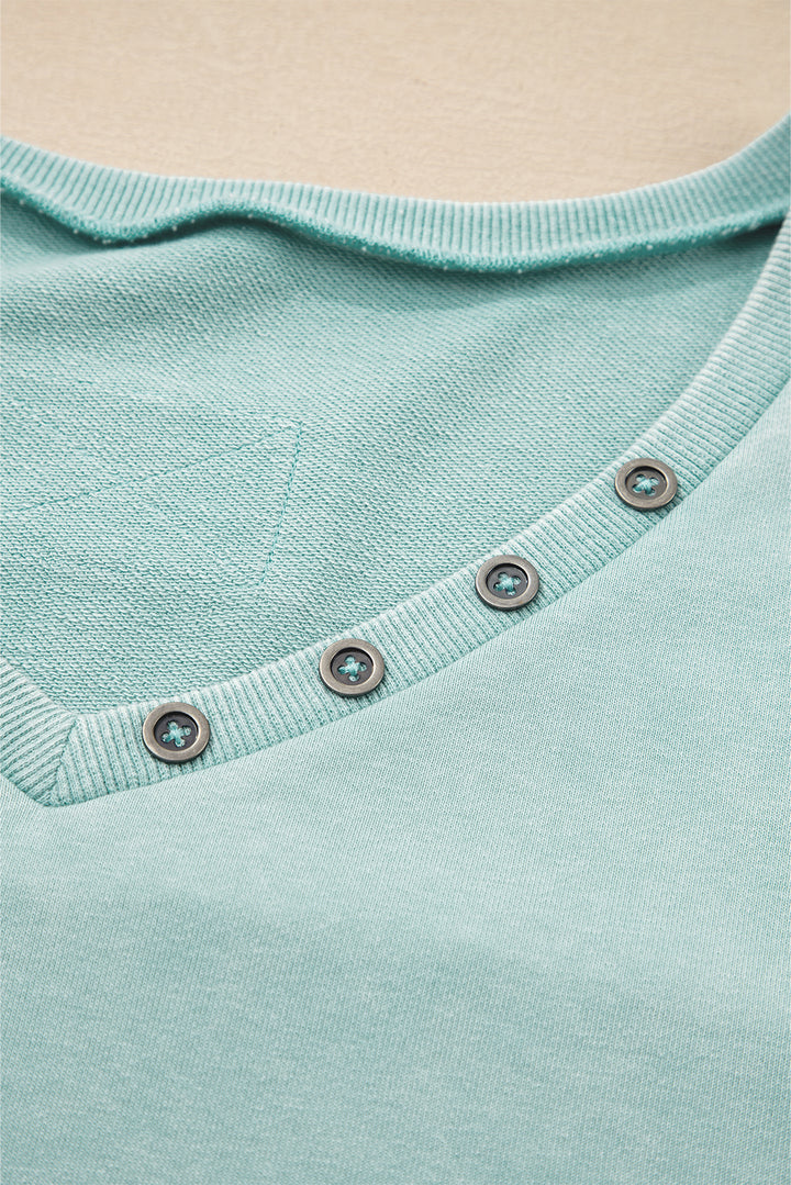 Mist Blue Mineral Wash Exposed Seam Buttoned V Neck Pullover Top
