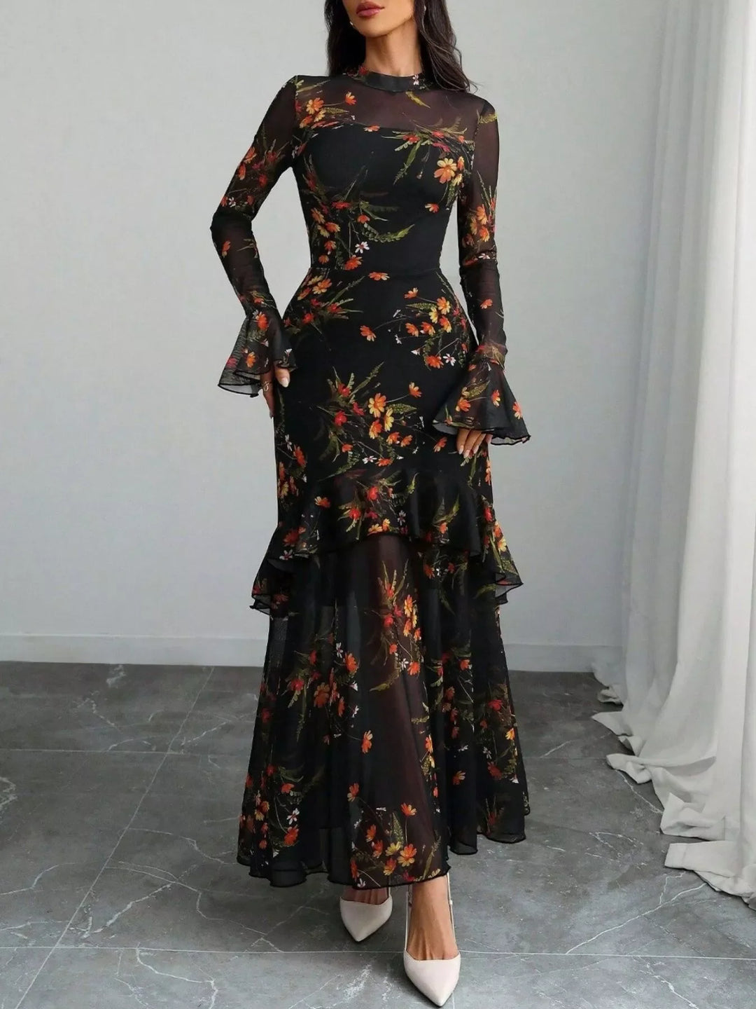 Floral Print Flounce Sleeve Mermaid Maxi Dress