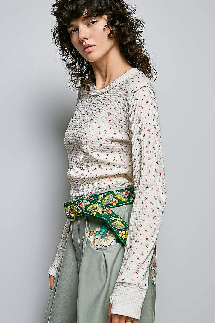 POL Ribbed Knit Floral Crew Neck Long Sleeve Top