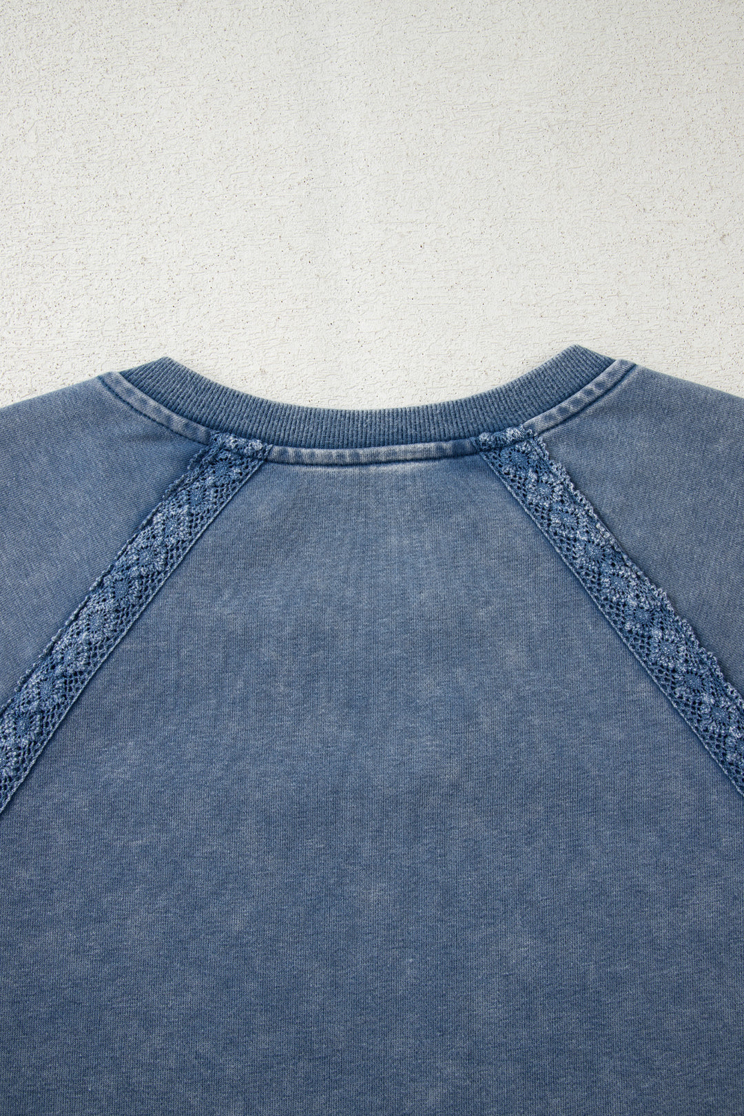 Sail Blue Lace Patchwork Detail Notched Neck Mineral Wash Baggy Sweatshirt