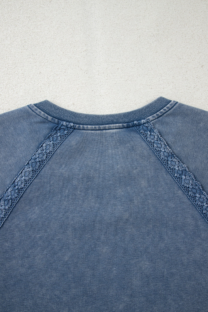 Sail Blue Lace Patchwork Detail Notched Neck Mineral Wash Baggy Sweatshirt