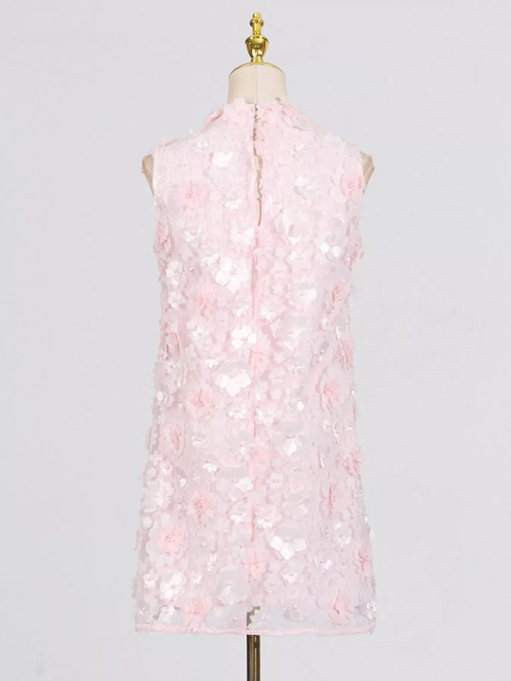Floral Applique High Neck Sleeveless Mini Dress