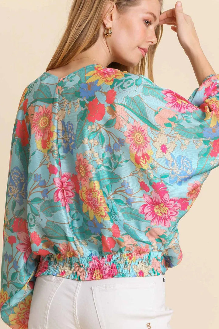 Umgee USA Full Size Floral Print Smocked Back Hem V-Neck Blouse Plus Size
