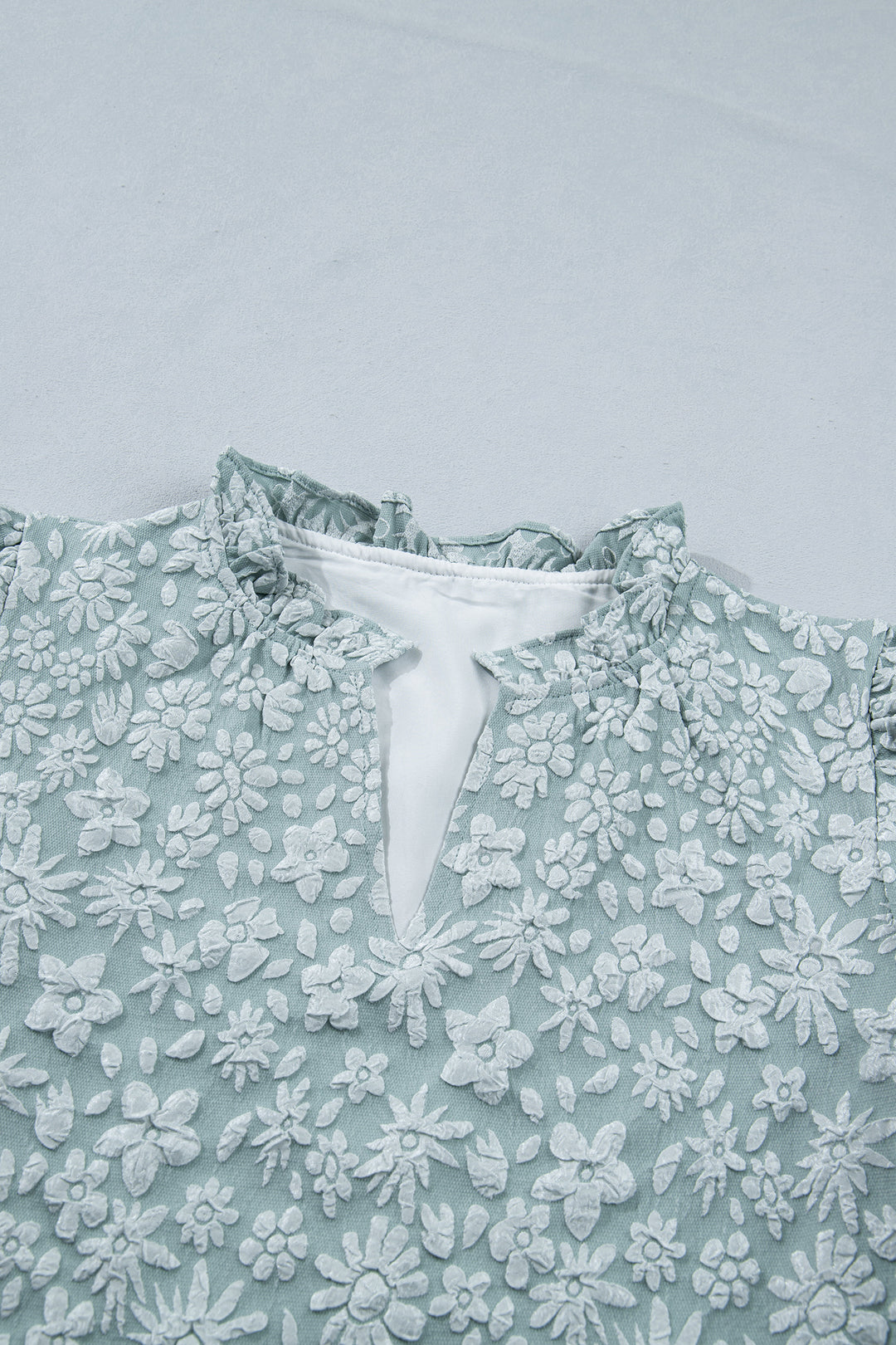 Iceland Blue Floral Textured Jacquard Puff Sleeve Blouse