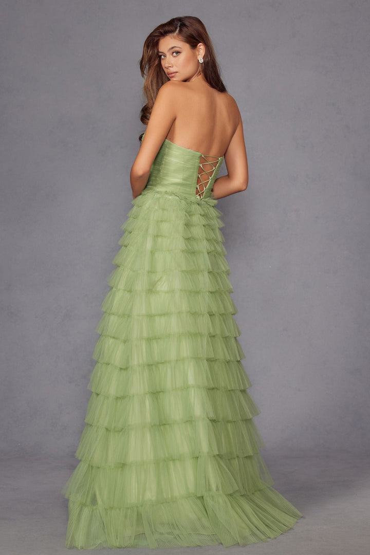 Juliet JT2456H Long Strapless Keyhole Tiered Ruffled Tulle A-Line Gown