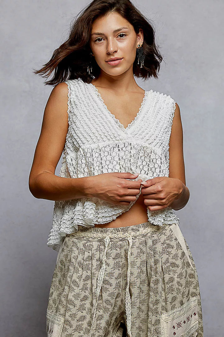 POL Textured Lace Cropped Tank with Trim Detail