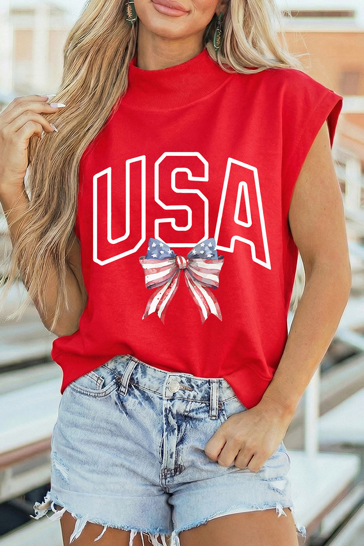 Racing Red USA Patriotic Bow Printed High Neck Cap Sleeve Top