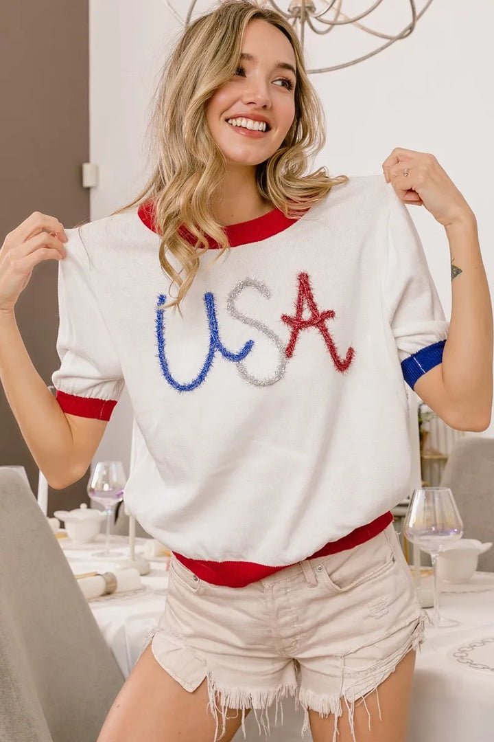 BiBi USA Metallic Letter Color Block Knit Top