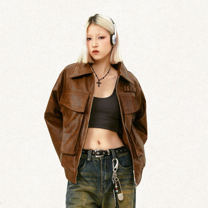 American Street Retro Large Pocket Lapels PU Leather Coat