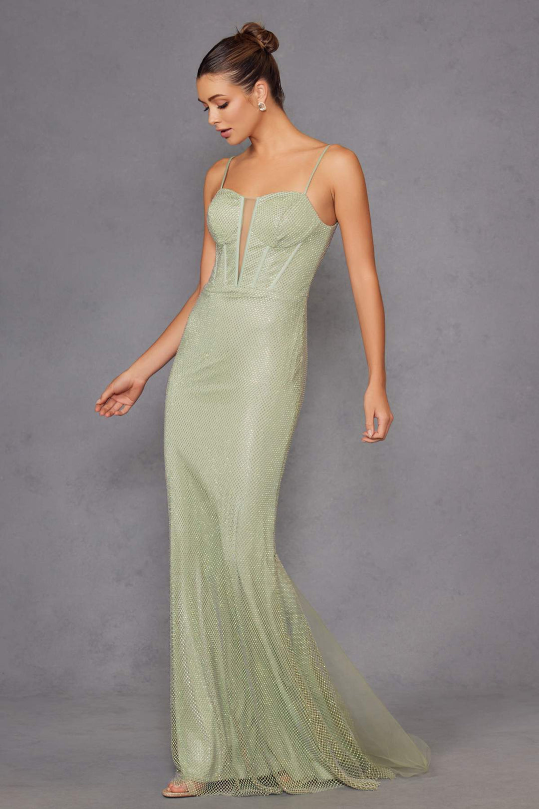 Juliet JT2470S Long V-Neck Boned Bodice Fitted Net Mesh Formal Dress