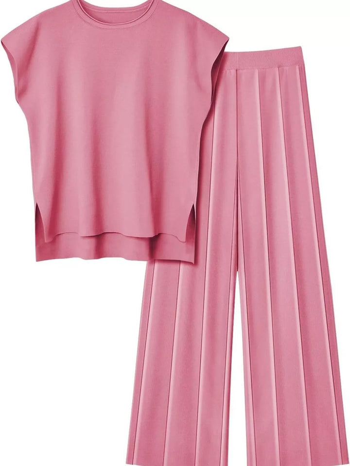 Casual Solid Color Cap Sleeve Top and Pants Knit Set