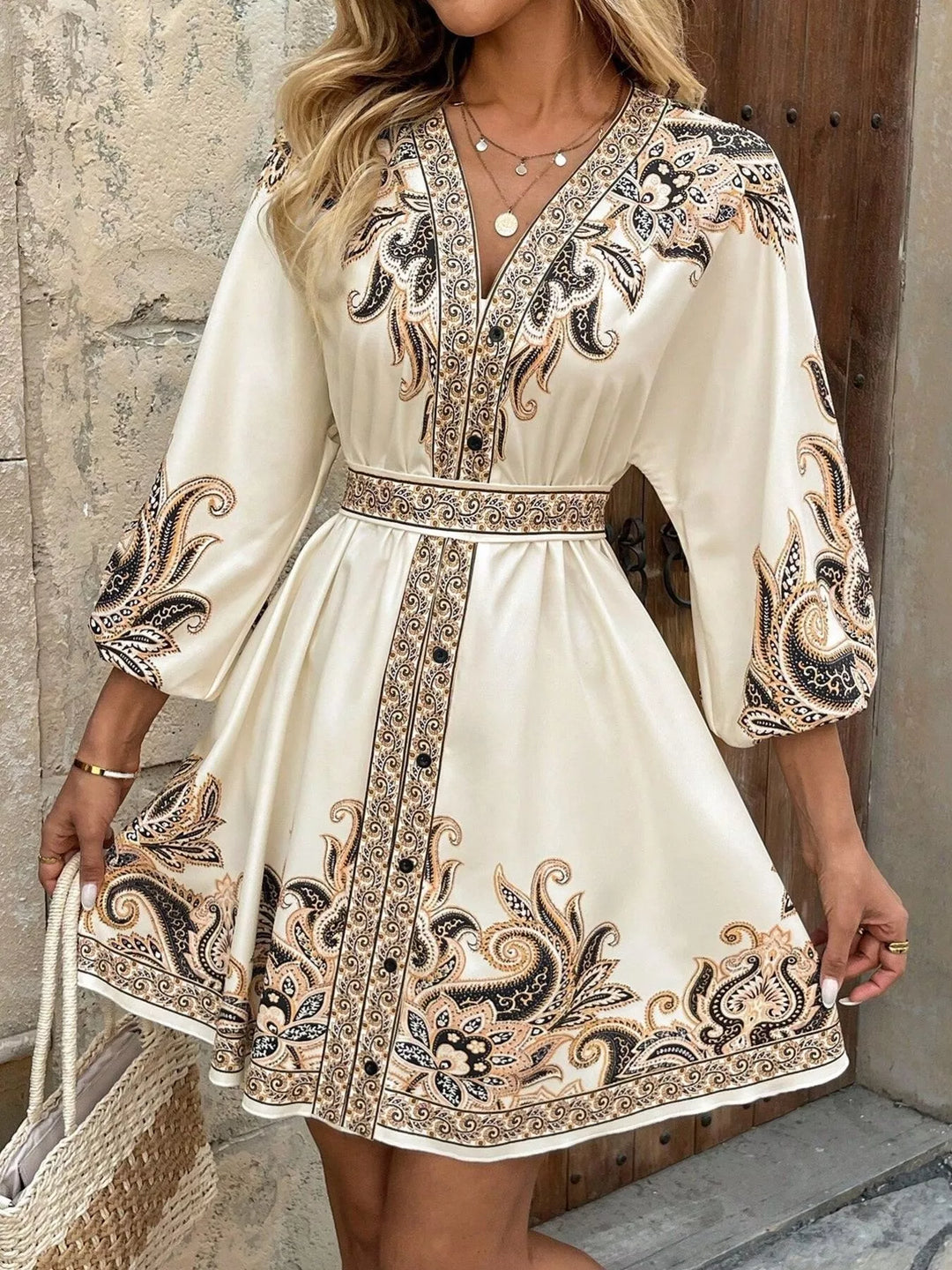 Paisley Print V-Neck Belted Mini Dress