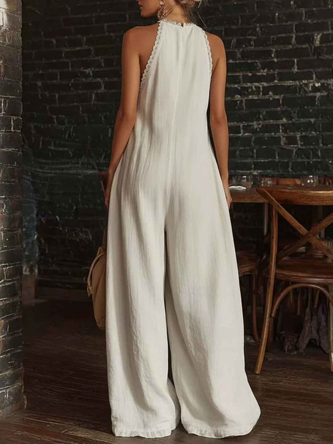 Full Size Halter Neck Lace Trim Wide Leg Jumpsuit Plus Size