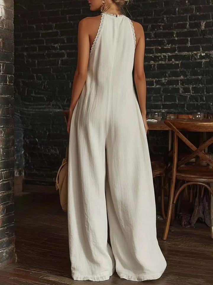 Full Size Halter Neck Lace Trim Wide Leg Jumpsuit Plus Size