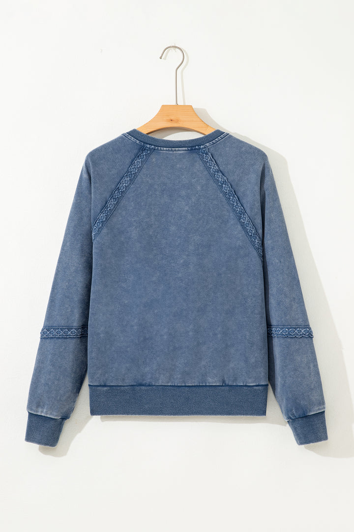 Sail Blue Lace Patchwork Detail Notched Neck Mineral Wash Baggy Sweatshirt
