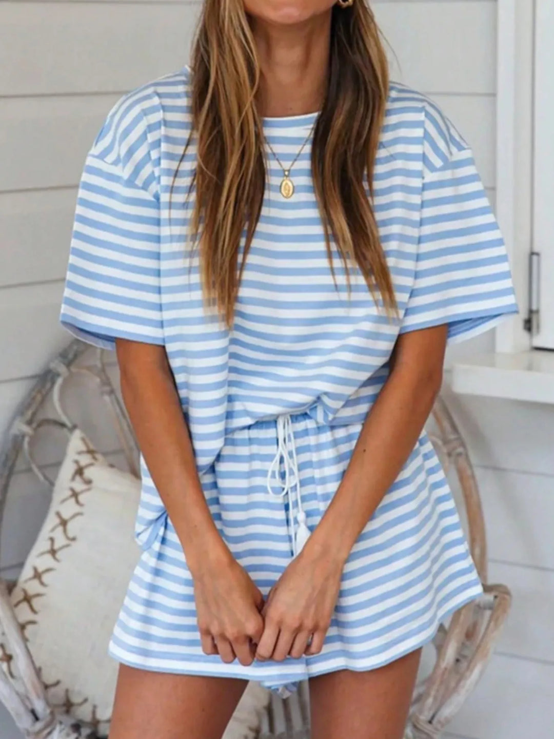 Striped Short Sleeve Tee and Drawstring Shorts Set