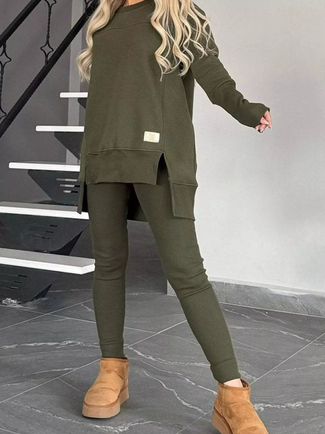 Full Size Slit Round Neck Top and Pants Set Plus Size