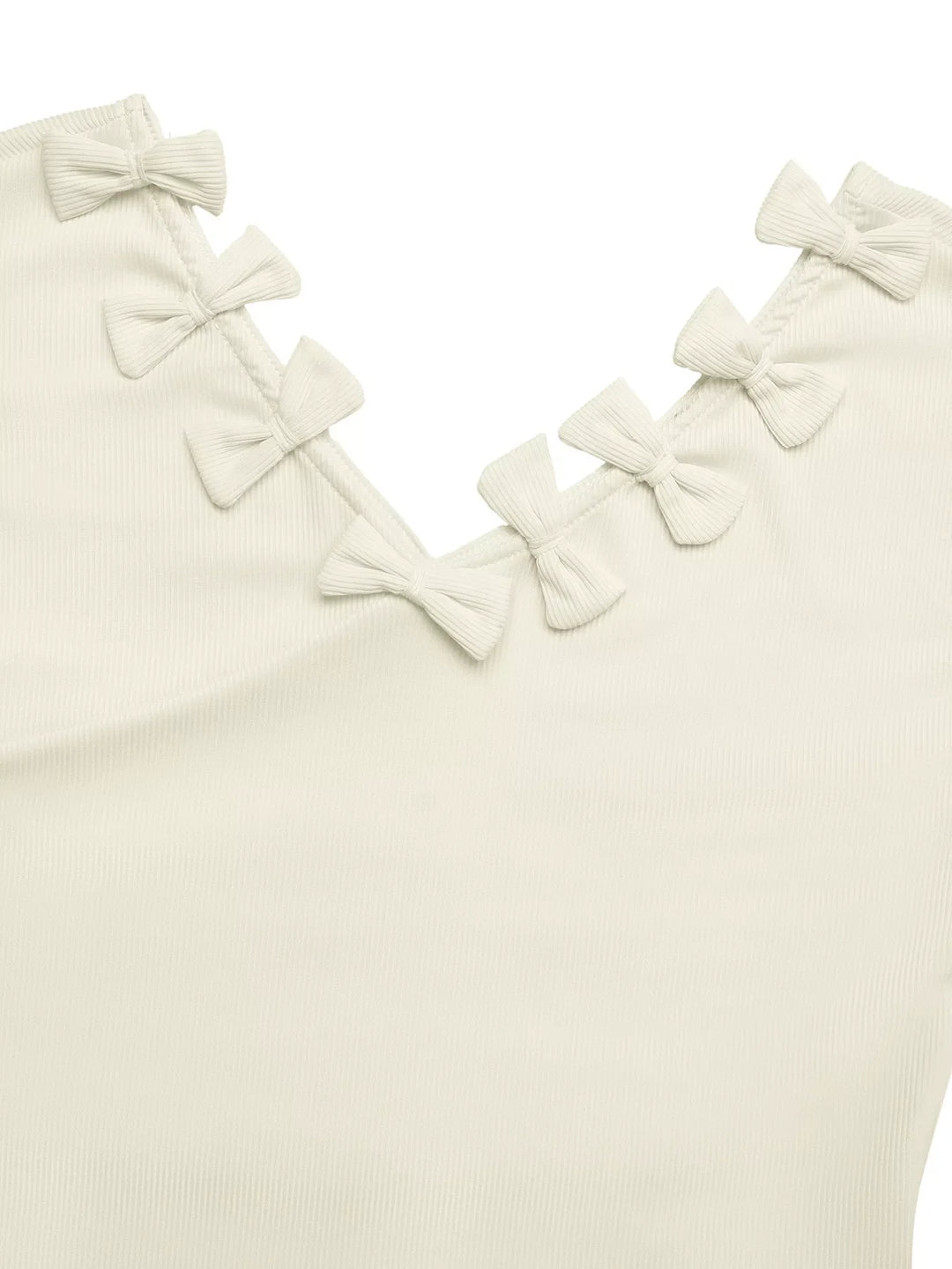 Ribbed Knit Bow Decor V-Neck T-Shirt