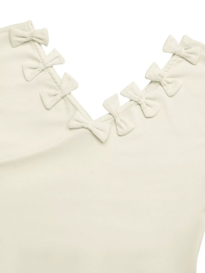 Ribbed Knit Bow Decor V-Neck T-Shirt