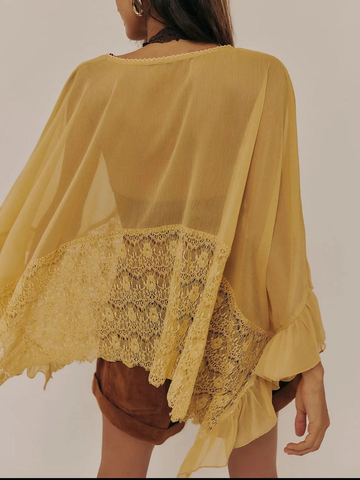 Lace V-Neck Ruffle Long Sleeve Cover-Up