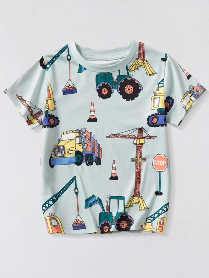 Children's Construction Vehicle Print Crew Neck Short Sleeve T-Shirt