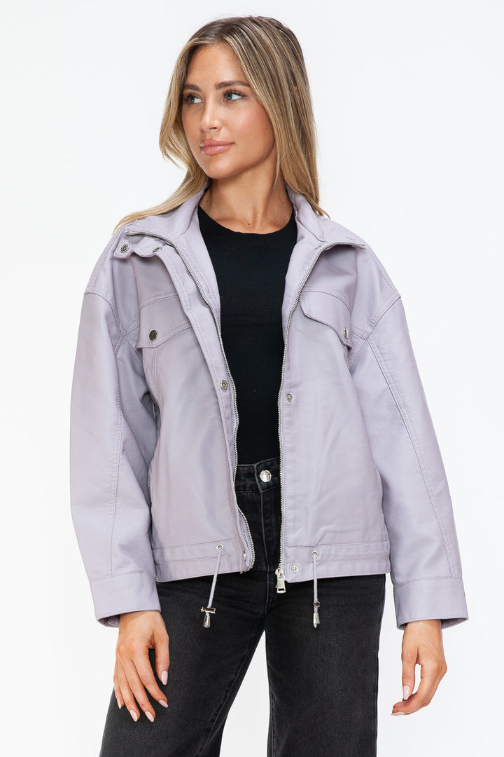 How Dare U Drawstring Hem PU Leather Zip Up Jacket