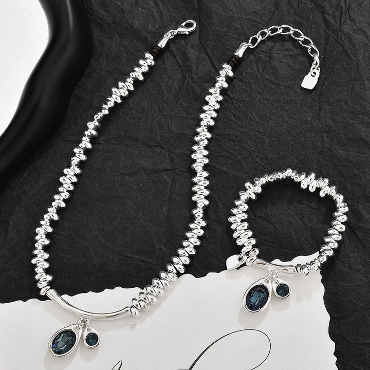 Twisted Gold Bead Blue Zircon Charm Bracelet For Women, Oval & Round Ocean Blue Cubic Zirconia Dainty Luxury Fashion Jewelry