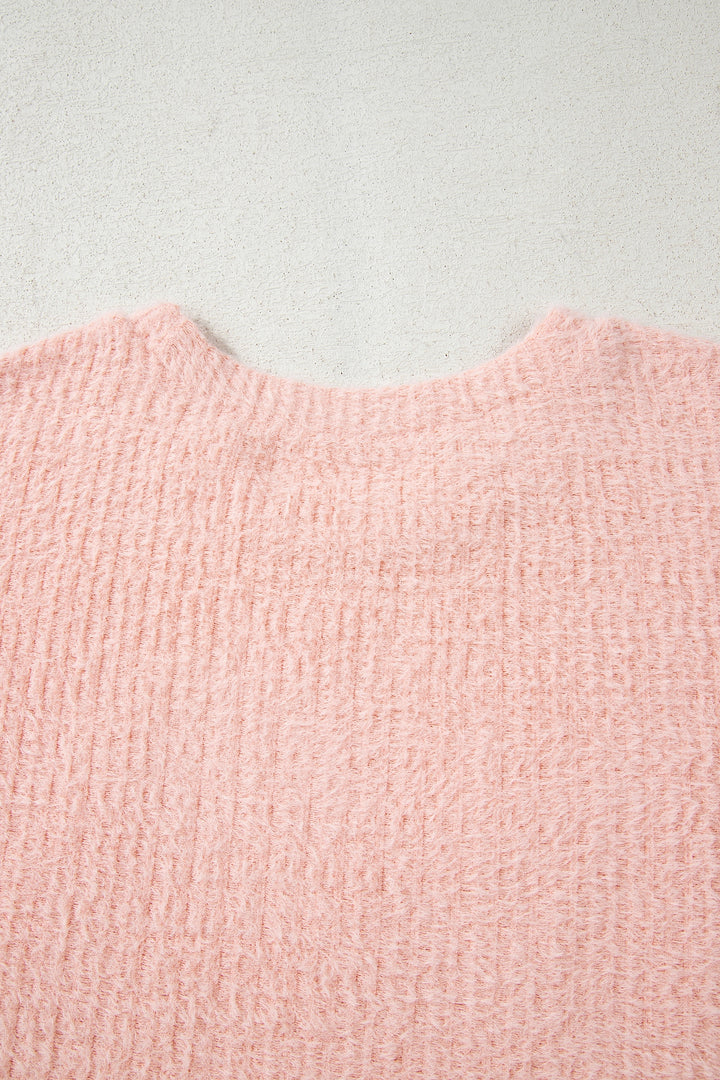 Light Pink Fuzzy Ribbed Texture Round Neck Long Sleeve Top