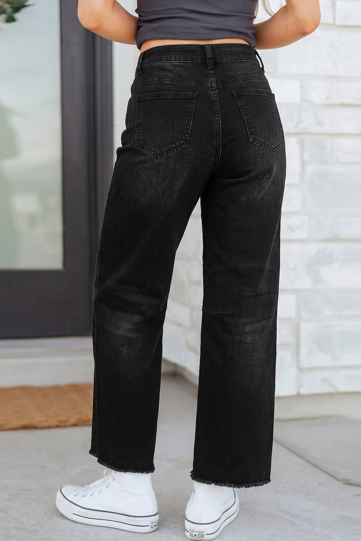 Black Frayed Cropped Straight Jeans