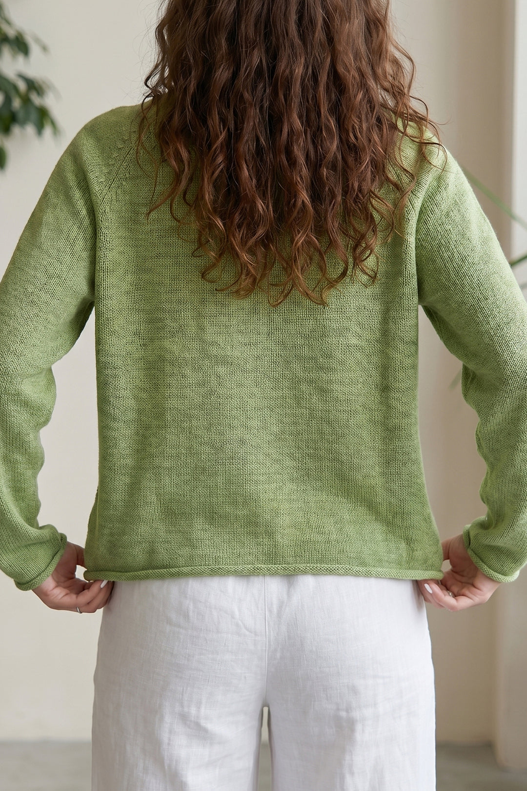 Meadow Mist Green Unique Fish Knit Oversized Round Neck Sweater