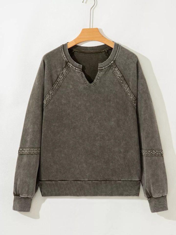 Lace Patchwork Detail Notched Mineral Wash Sweatshirt