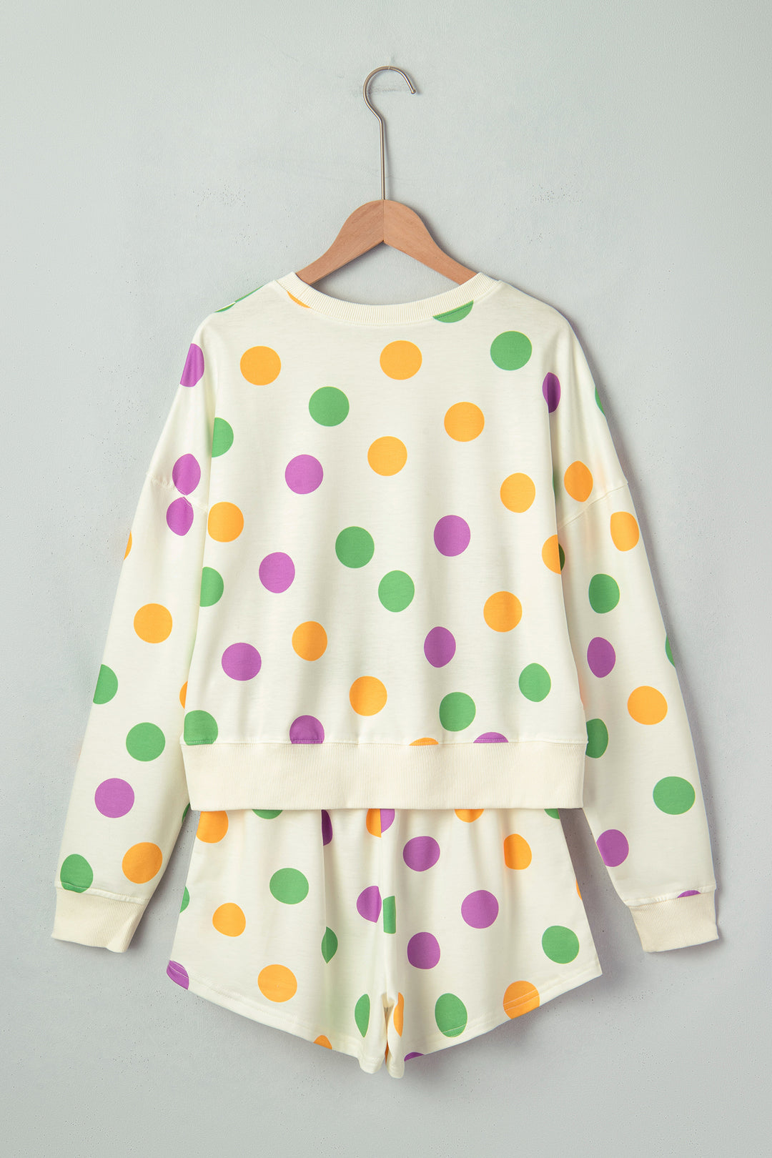Multicolour Polka Dot Print Drop Shoulder Pullover Drawstring Shorts Set