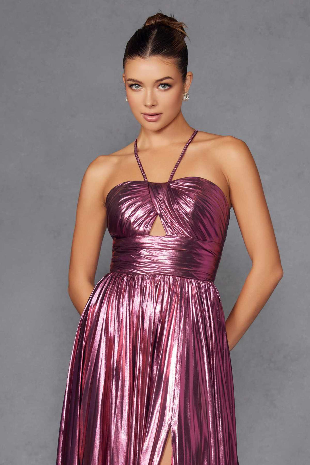 Juliet JT2503A Long Halter A-Line Pleated Metallic Gown