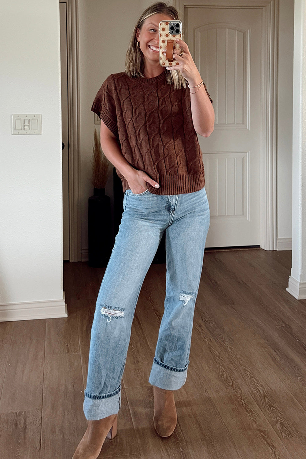 Dark Brown Cable Texture Crew Neck Short Sleeve Sweater Top