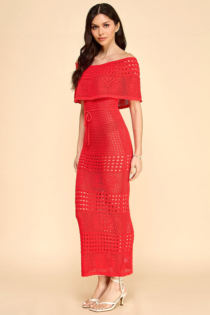 Off the Shoulder Beach Crochet Midi Dress- Red