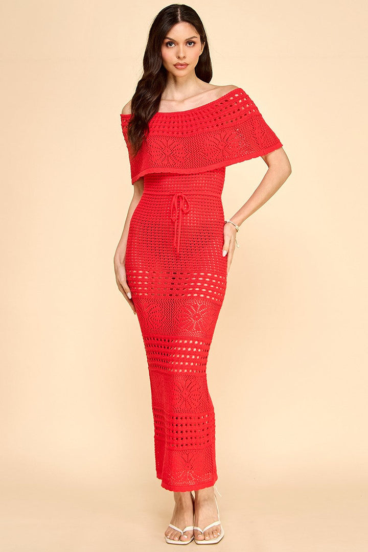 Off the Shoulder Beach Crochet Midi Dress- Red