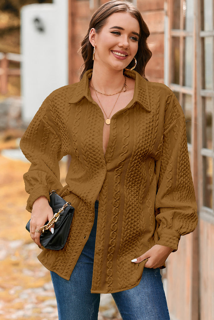 Camel Cable Texture Puff Sleeve Loose Shacket