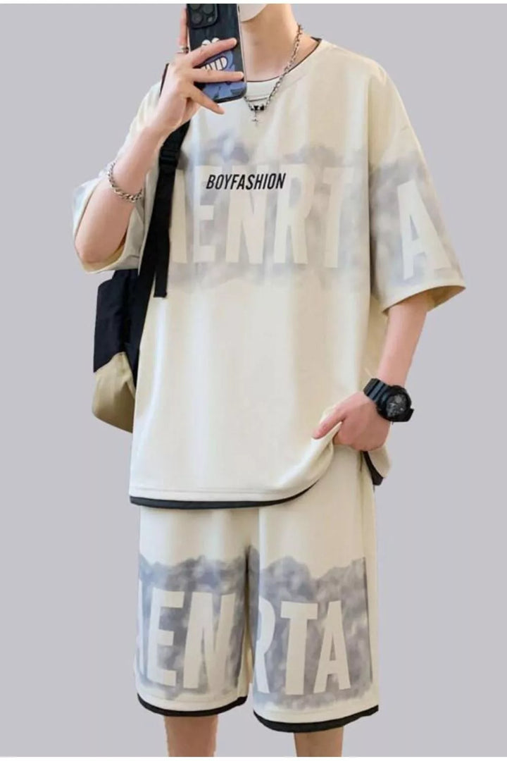 Men's Plus Size Letter Round Neck Tee and Shorts Set
