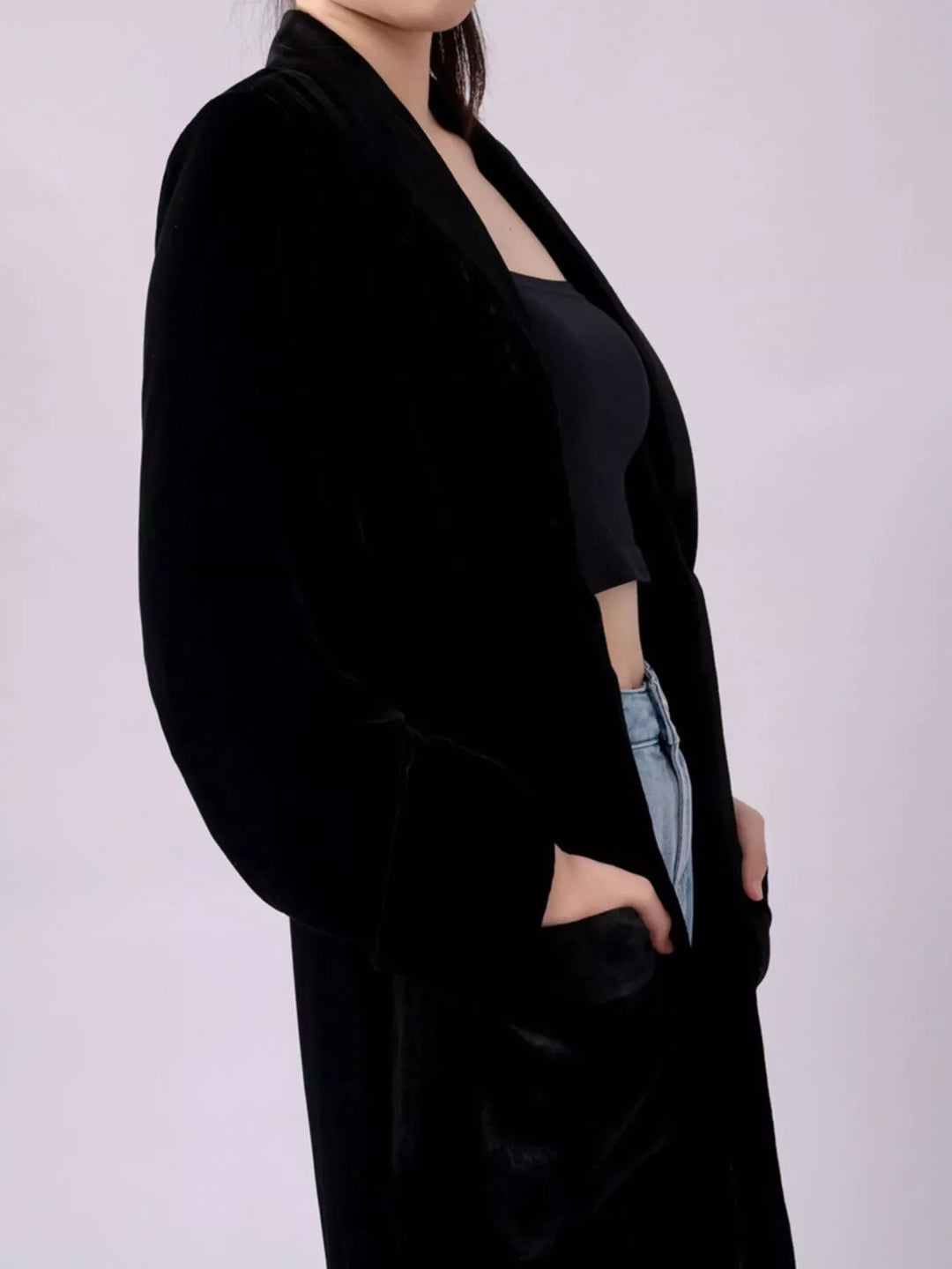 Velvet Lapel Collar Longline Coat