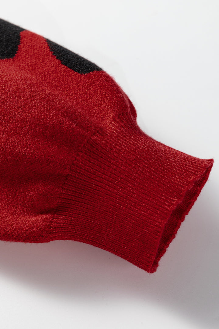 Racing Red Pearl Embellished Bow Pattern Loose Sweater