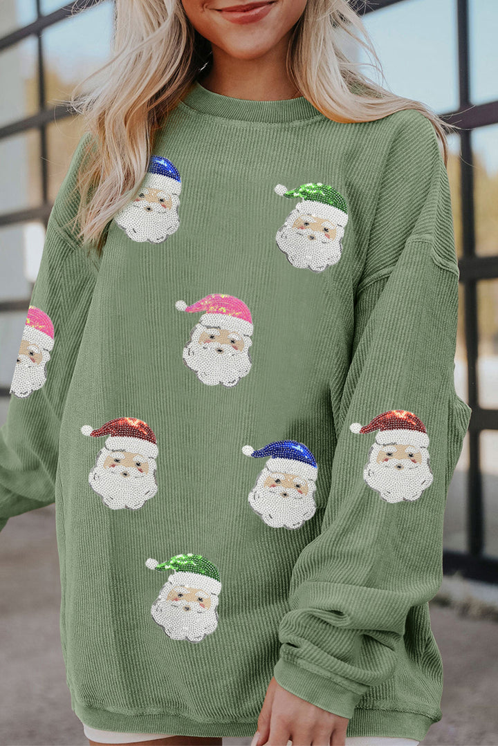 Grass Green Corded Ribbed Sequin Patched Santa Claus Graphic Sweatshirt