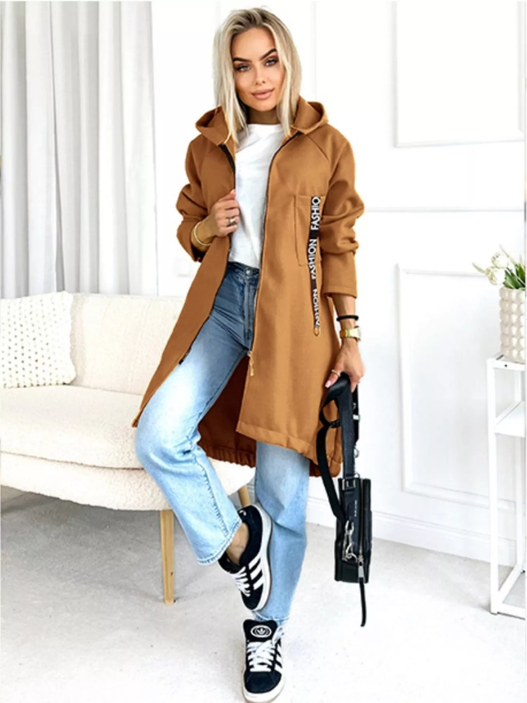 Full Size Zip Up Longline Hooded Outerwear Plus Size