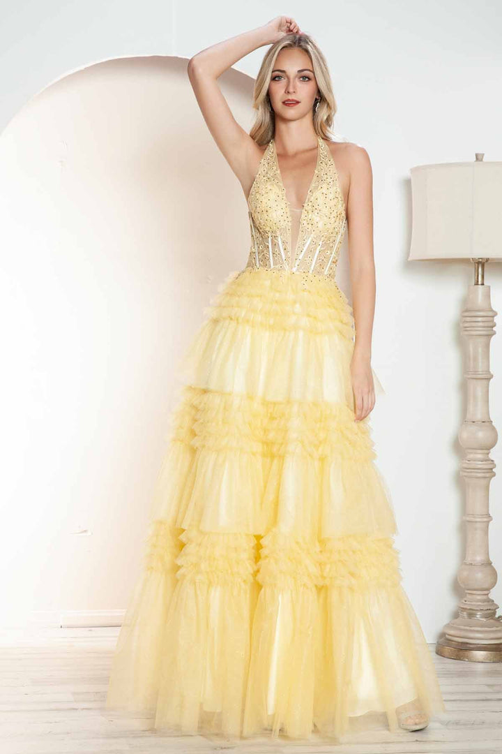 Juliet JT2556S Halter V-Neckline Layered Tulle Slit A-Line Gown