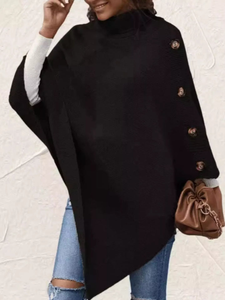 Button-Decor Turtleneck Poncho Pullover