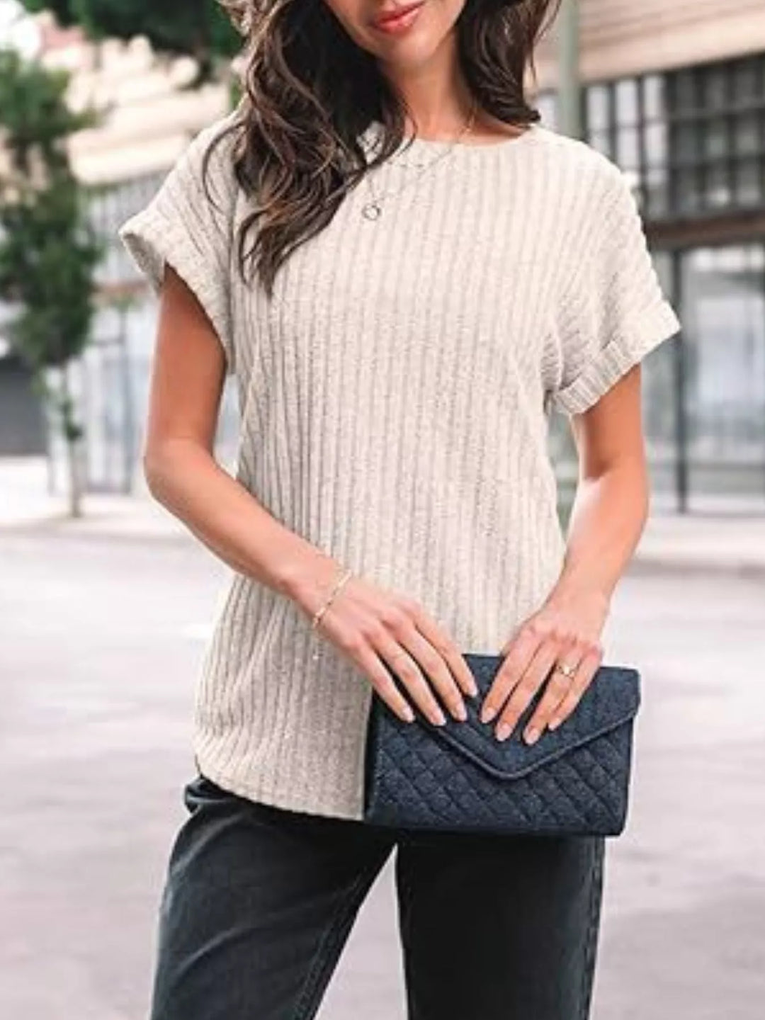 Casual Ribbed Knit Short Sleeve T-Shirt
