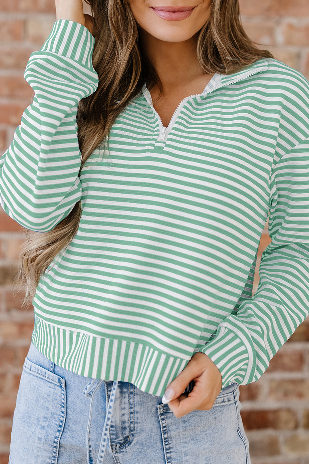 Green Stripe Quarter Zip Collar Pullover Long Sleeve Top