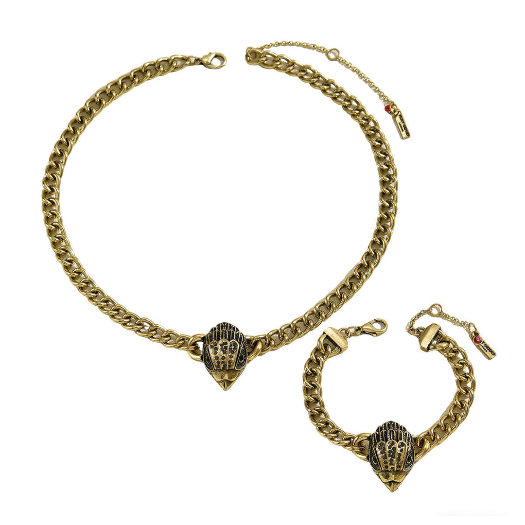 Vintage European American Women Jewelry Set, Eagle Head Inlaid Cubic Zirconia Necklace & Bracelet, Trendy High-end Matching Accessories