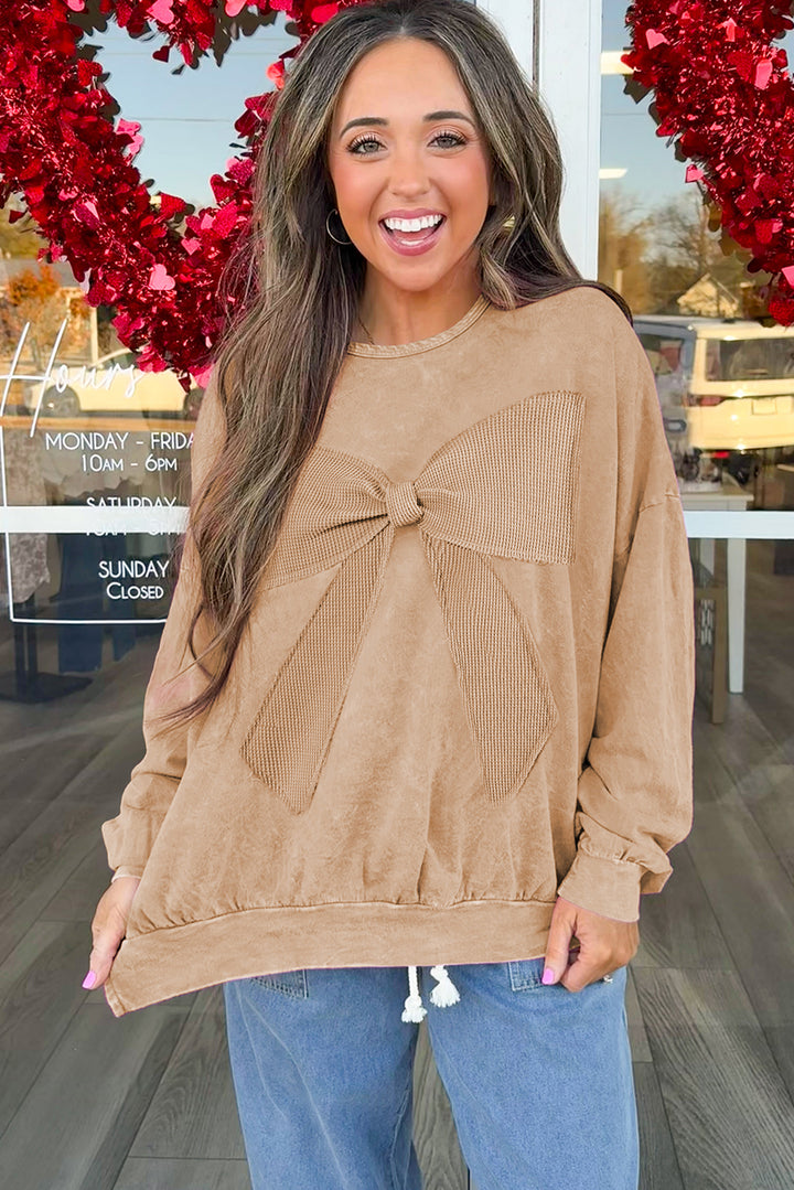 Light French Beige Mineral Wash Big Bow Patchwork Pullover Sweatshirt