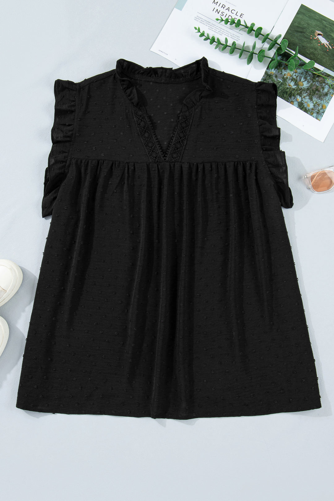 Black Plus Size Swiss Dot Ruffle Lace Trim V Neck Tank Top